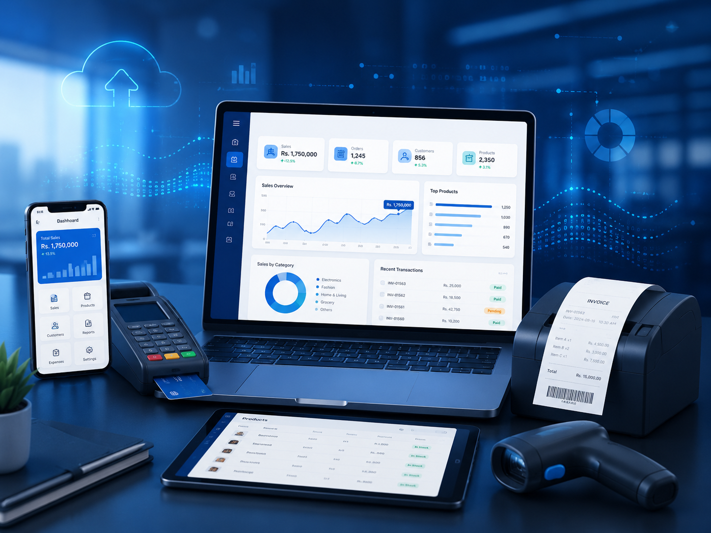 Illustration of business software across a laptop, phone and tablet